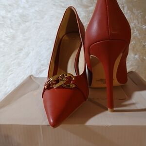 Olivia Rae Red Heels with Gold Chain Detail